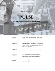 The front cover of the first re-launch of PULSE Newsletter in August 2020. The background has a watermark of people protesting.