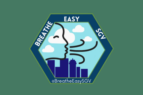Breathe Easy SGV in a hexgon shape with an icon of a woman exhaling into a blue sky above the city.