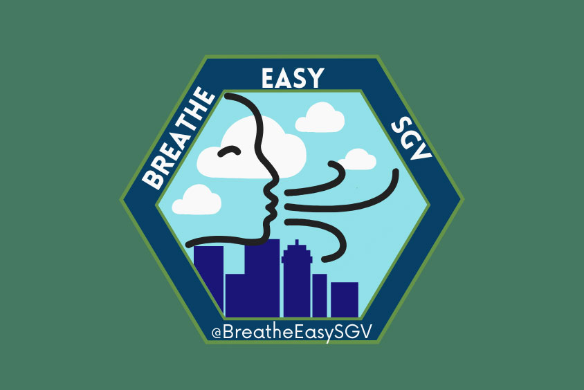 Breathe Easy SGV in a hexgon shape with an icon of a woman exhaling into a blue sky above the city.